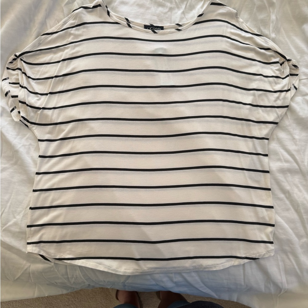 Colette - Romey Cold shoulder knit top. Striped Black and White Women's Top